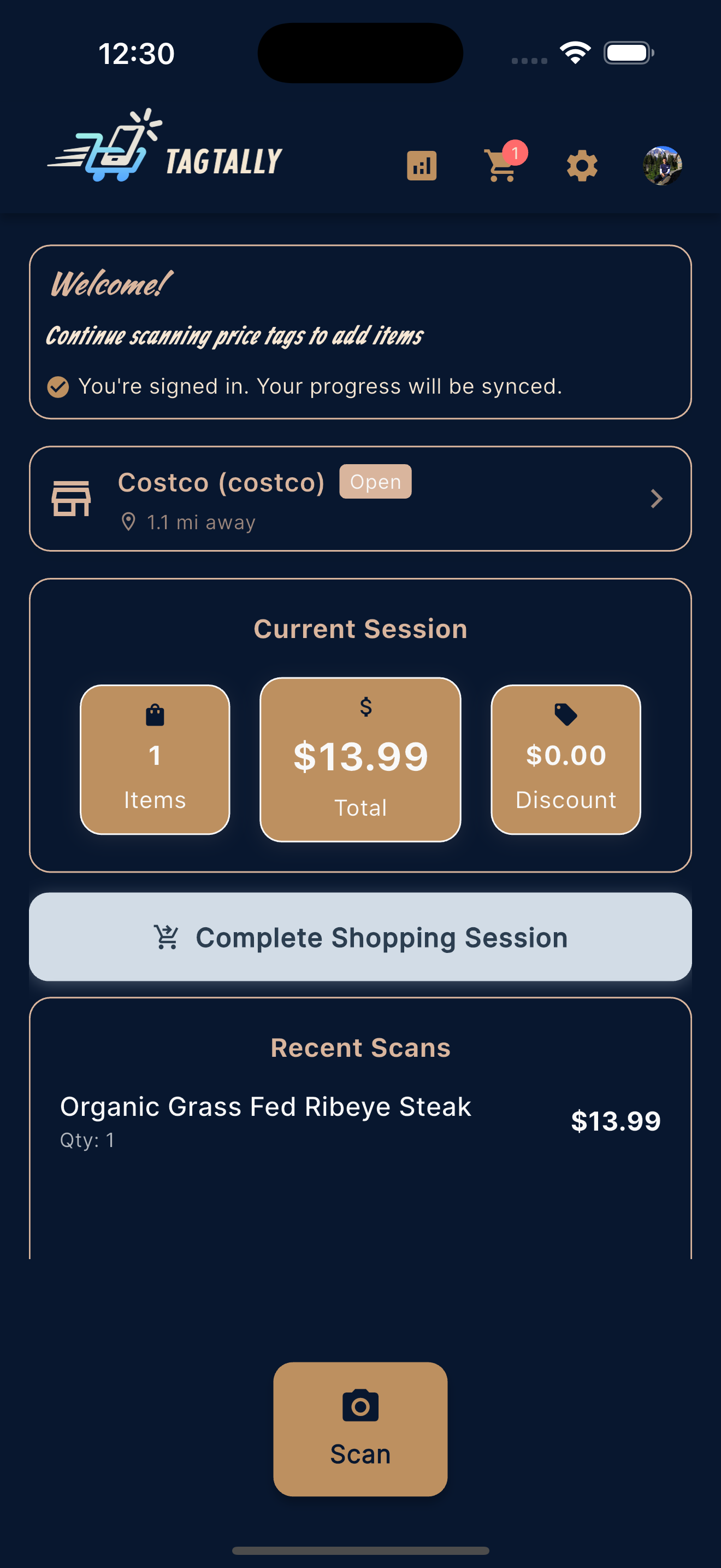 TagTally Main Screen - Retail Store Shopping Session